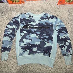 Champion Adult Sweater Small Blue Camouflage Sportswear Long Sleeve Logo Mens